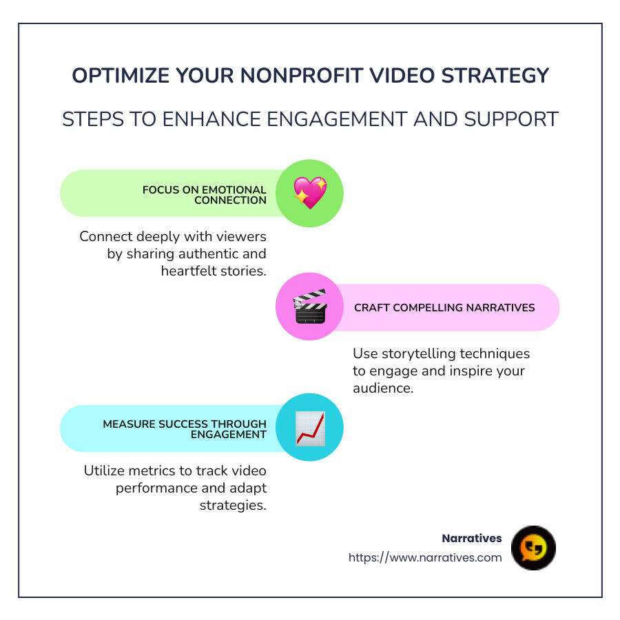 Infographic showing steps to optimize nonprofit video strategy: focus on emotional connection, craft compelling narratives, and measure success through engagement metrics. - Nonprofit video strategy infographic infographic-line-3-steps-colors