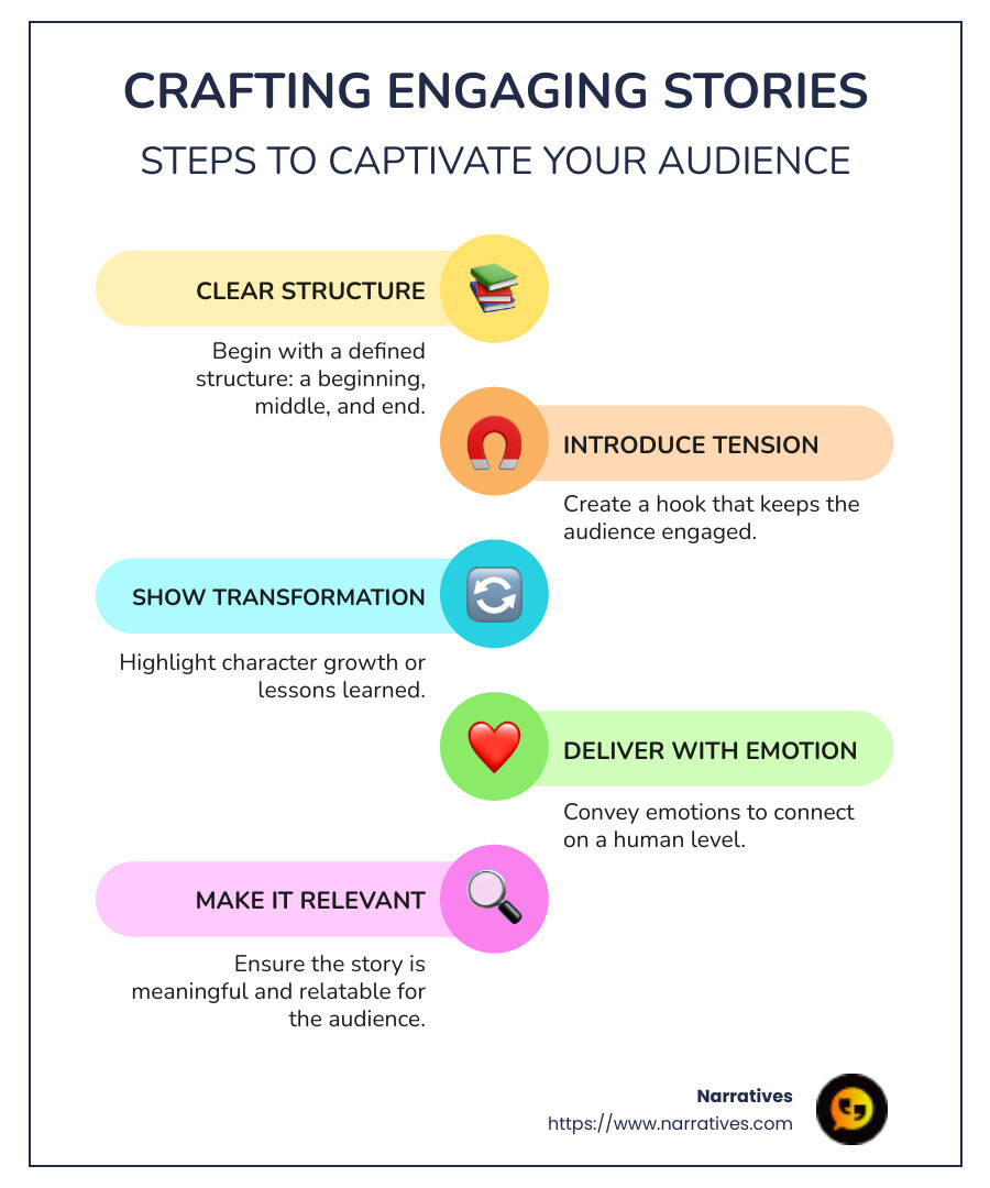 infographic showing a structured process to crafting engaging stories, including steps like choosing the right story, structuring it properly, developing emotional impact, and practicing delivery - How to tell engaging stories infographic infographic-line-5-steps-colors