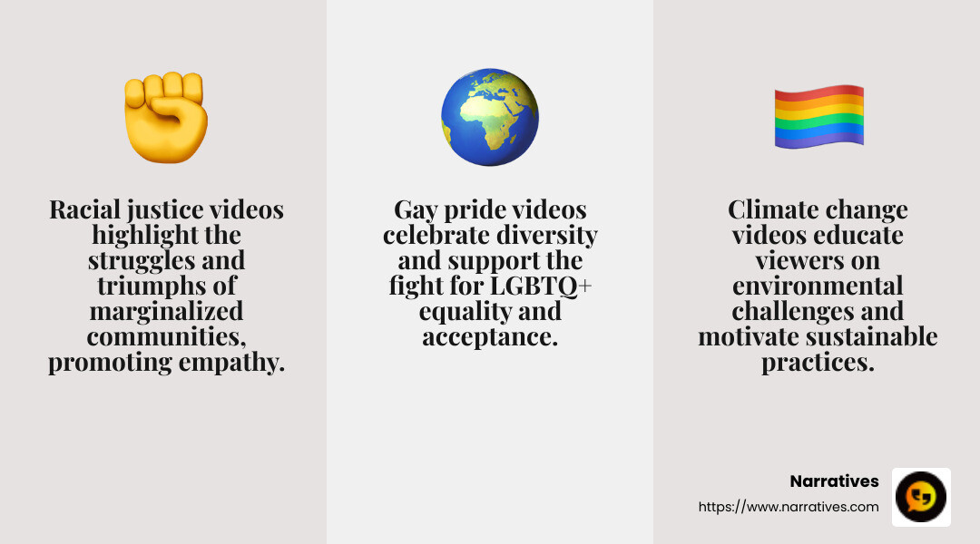 Racial justice, climate change, and gay pride are key themes in social justice campaign videos - Social justice campaign videos infographic 3_facts_emoji_grey
