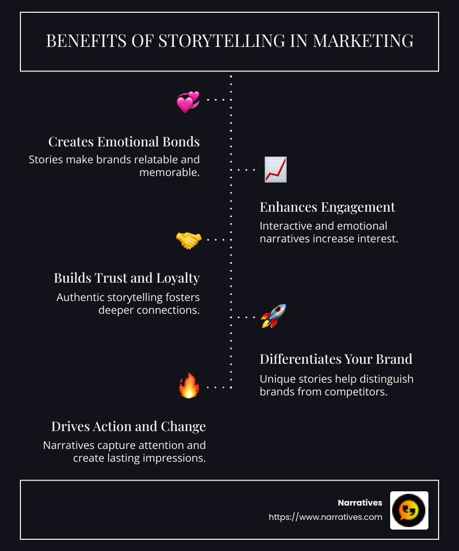 Infographic explaining storytelling benefits in marketing - Storytelling as a marketing tool infographic infographic-line-5-steps-dark