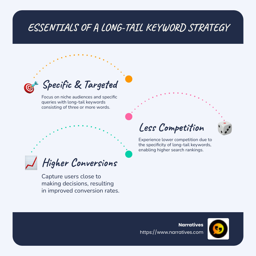 Infographic of Long-tail Keyword Strategy Essentials - Long-tail keyword strategy infographic infographic-line-3-steps-blues-accent_colors