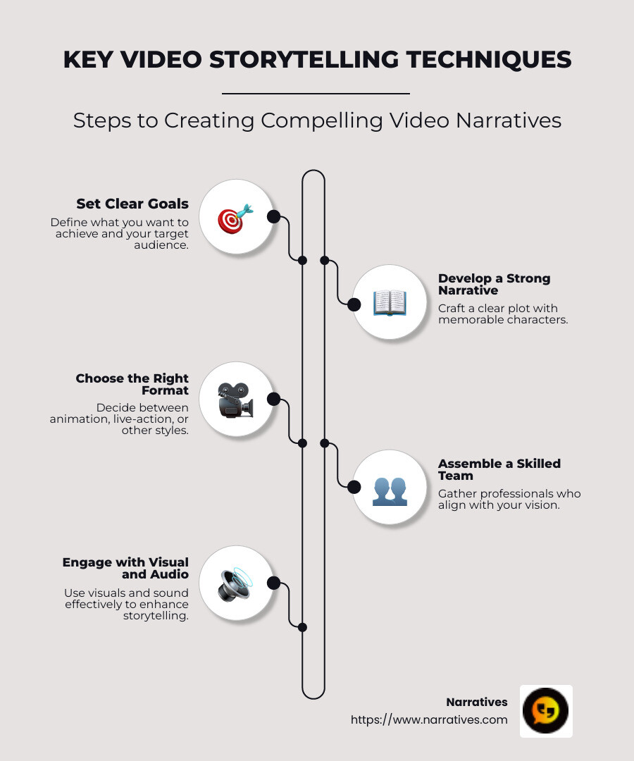 Infographic: Key Video Storytelling Techniques - goal setting, narrative creation, format selection, team assembly - video storytelling techniques infographic infographic-line-5-steps-neat_beige