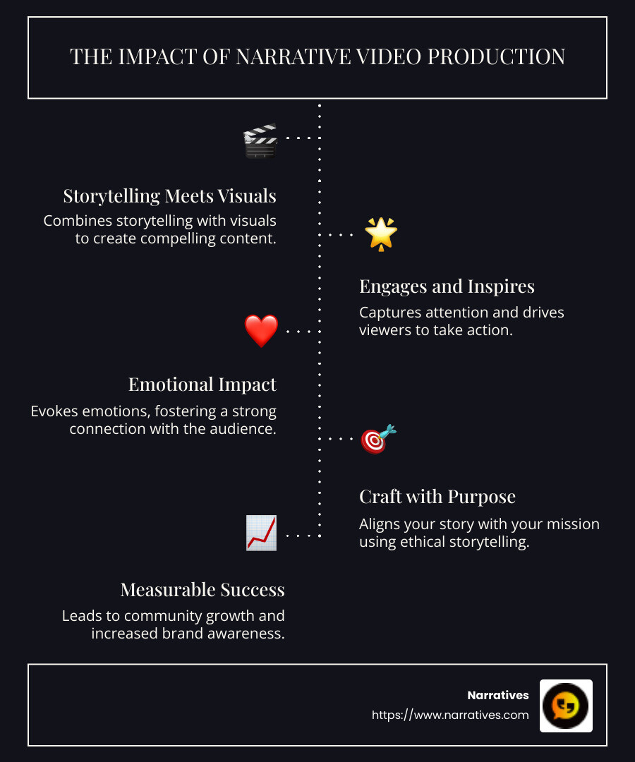 infographic on the power of narrative videos, showcasing key elements like emotional impact, audience engagement, storytelling, and measurable outcomes in a simple design with icons and arrows - Narrative video production infographic infographic-line-5-steps-dark