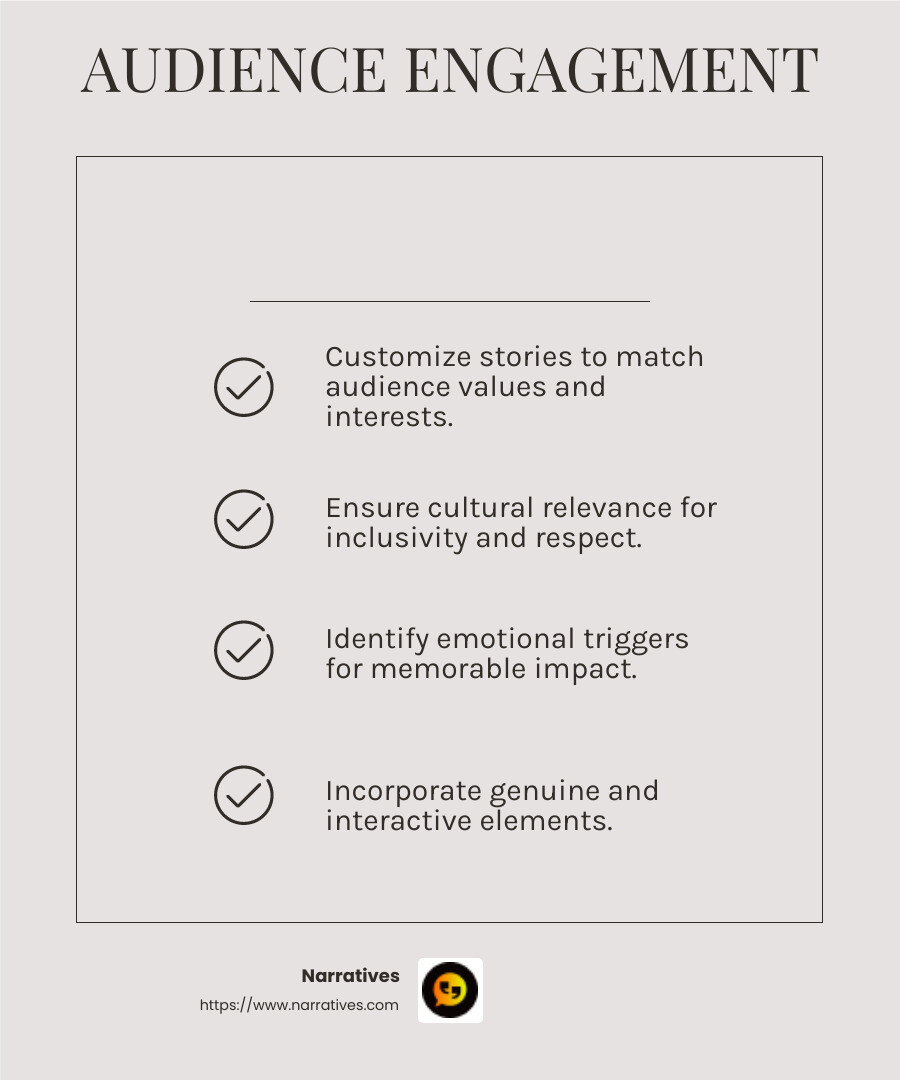 Understanding your audience is key to emotional engagement in storytelling. - Creating compelling narratives infographic checklist-light-beige