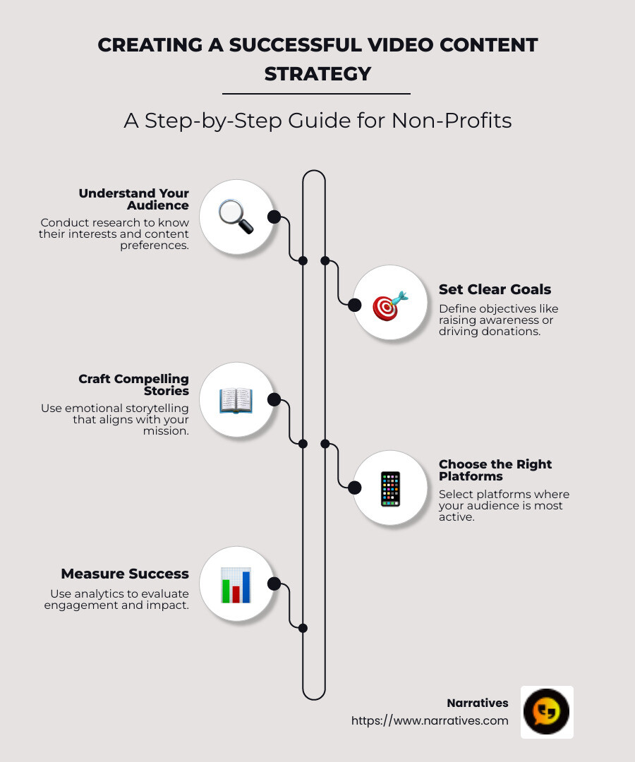 Infographic detailing the steps for creating a successful video content strategy for non-profits, including audience analysis, goal setting, storytelling, platform selection, and success measurement - video content strategies infographic infographic-line-5-steps-neat_beige