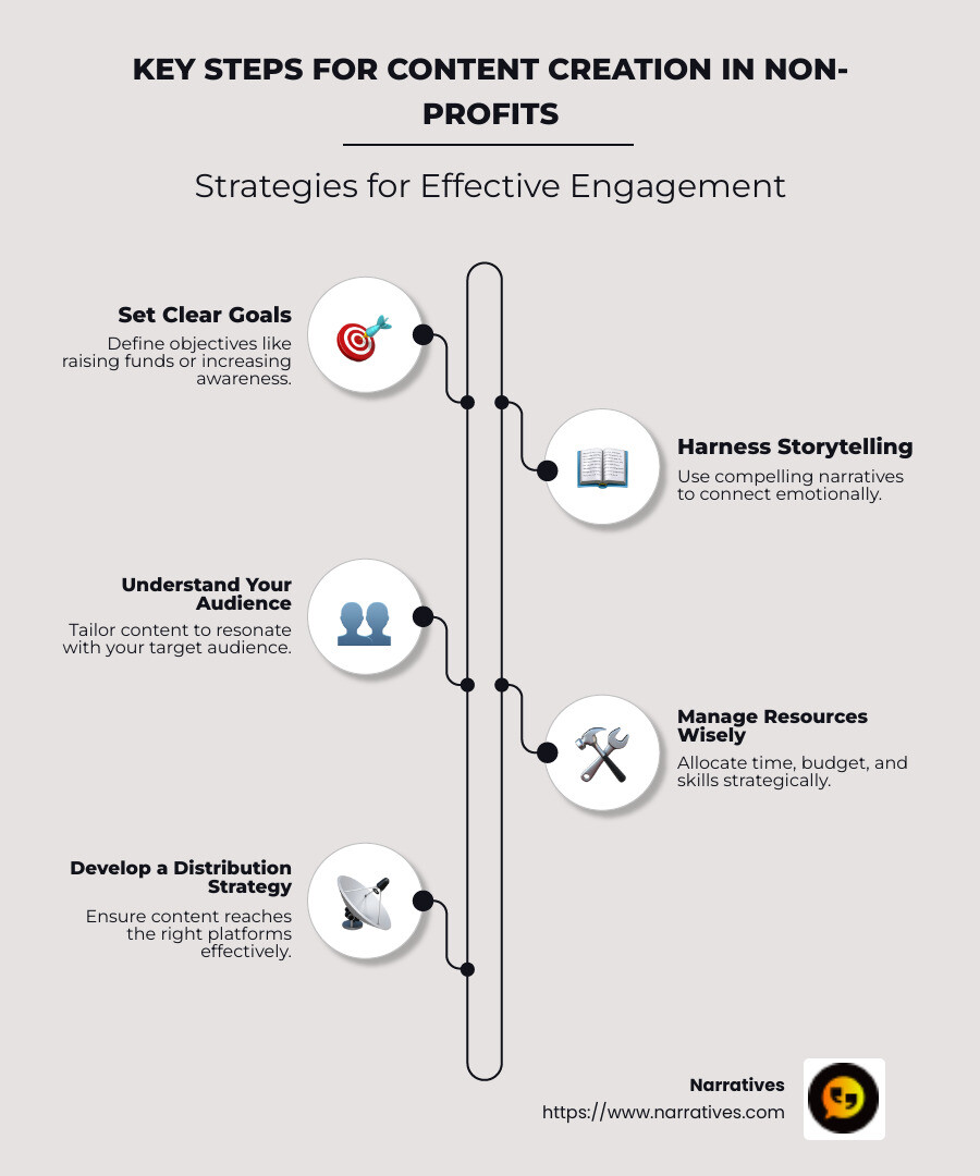 Infographic illustrating key steps for content creation for non-profits, including setting goals, understanding audience, managing resources, storytelling, and distribution strategy - content creation for non-profits infographic infographic-line-5-steps-neat_beige