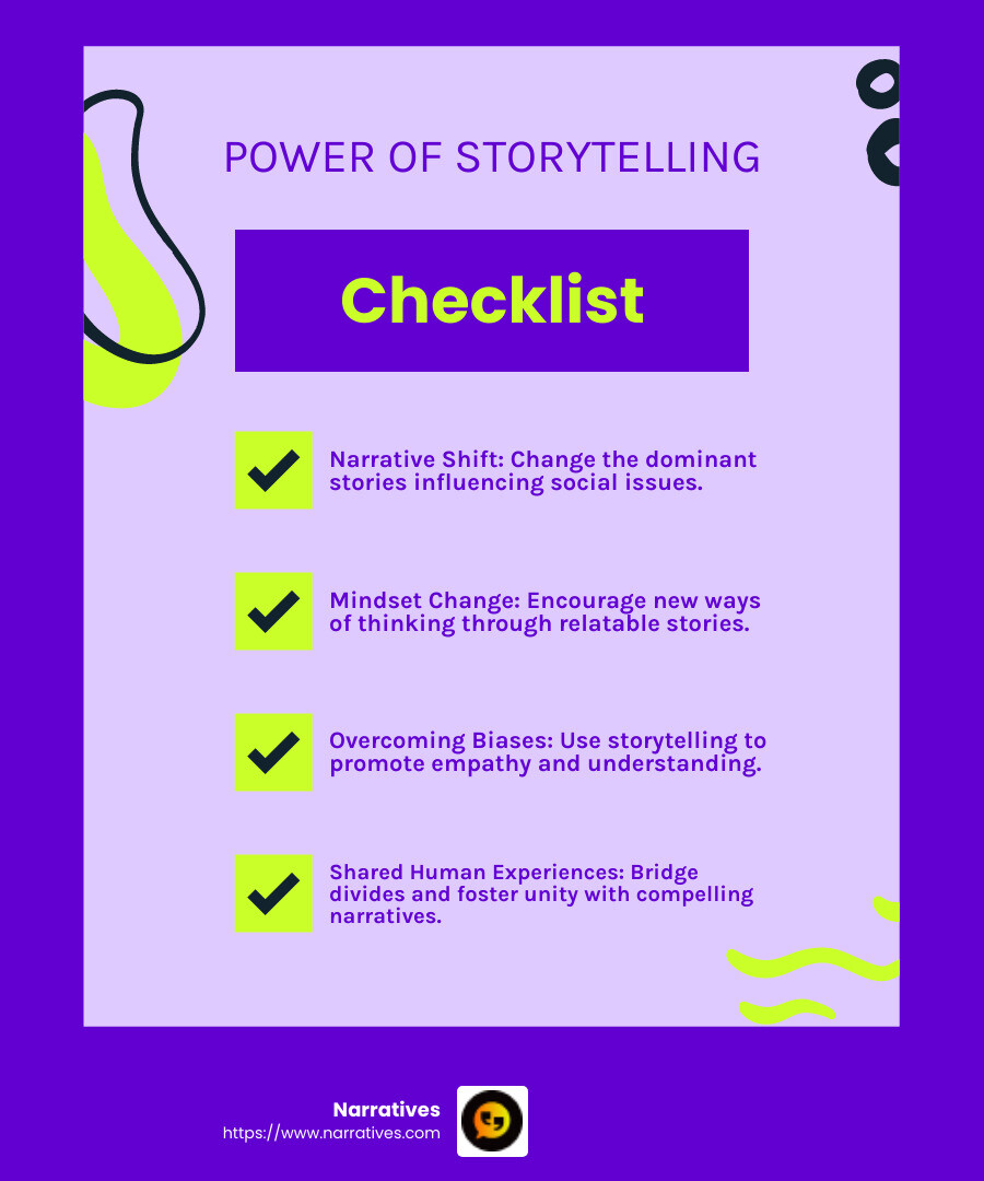The power of storytelling to overcome biases - Change-making storytelling infographic checklist-fun-neon