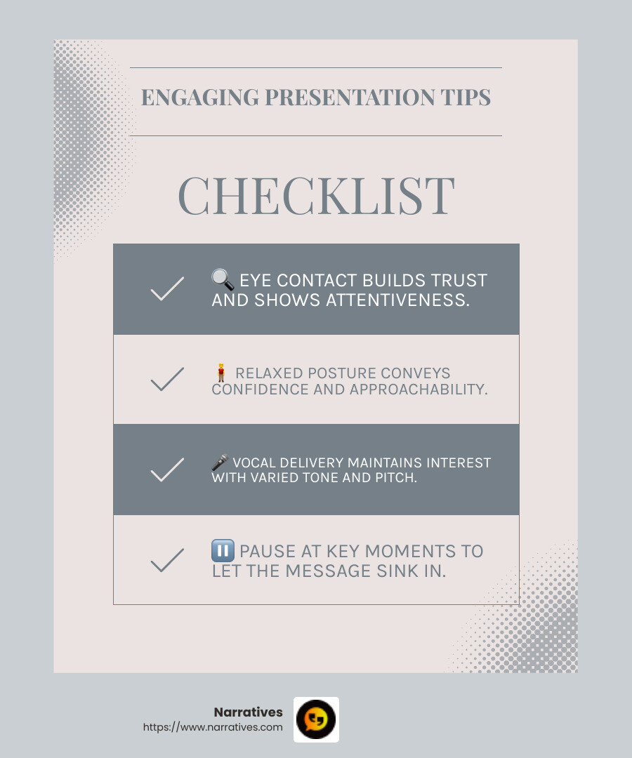 Effective communication relies on engaging vocal delivery. - How to connect with audience infographic checklist-light-blue-grey