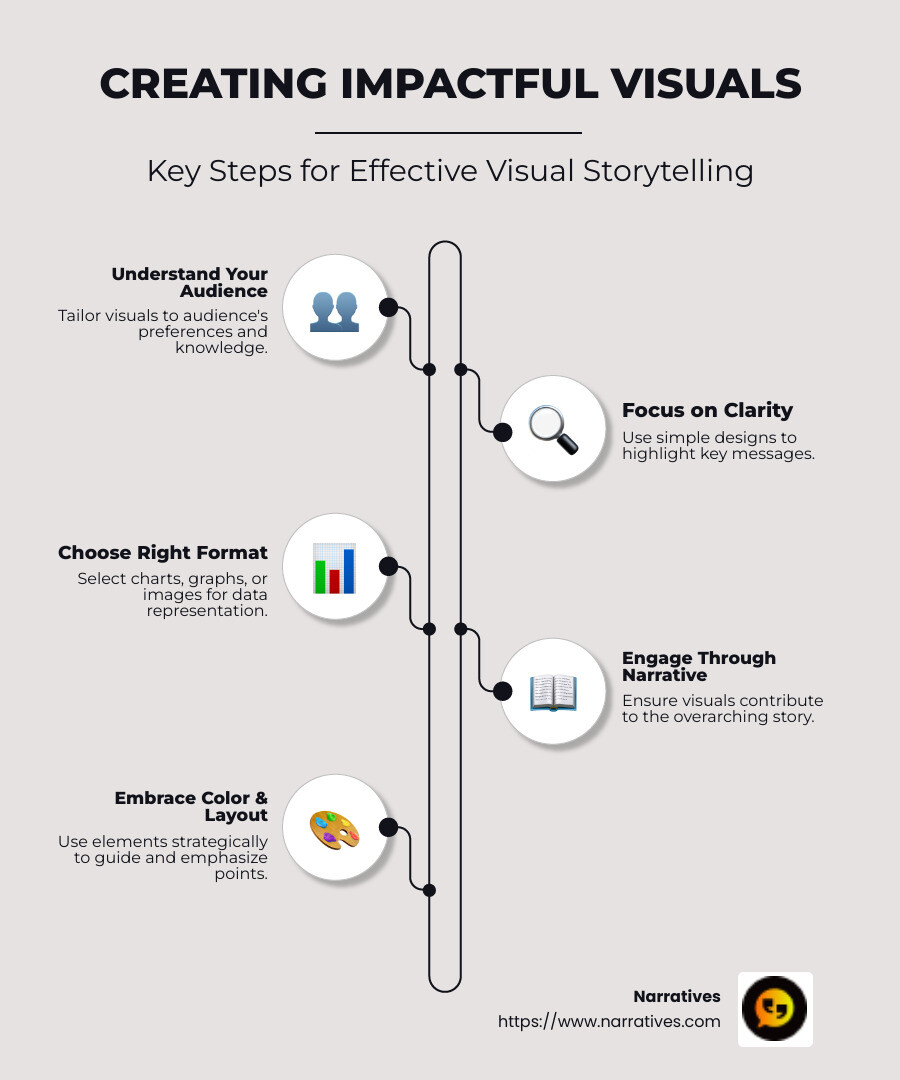 Infographic on creating impactful visuals: Audience understanding, clarity, format selection, storytelling, color and layout - Creating impactful visuals infographic infographic-line-5-steps-neat_beige