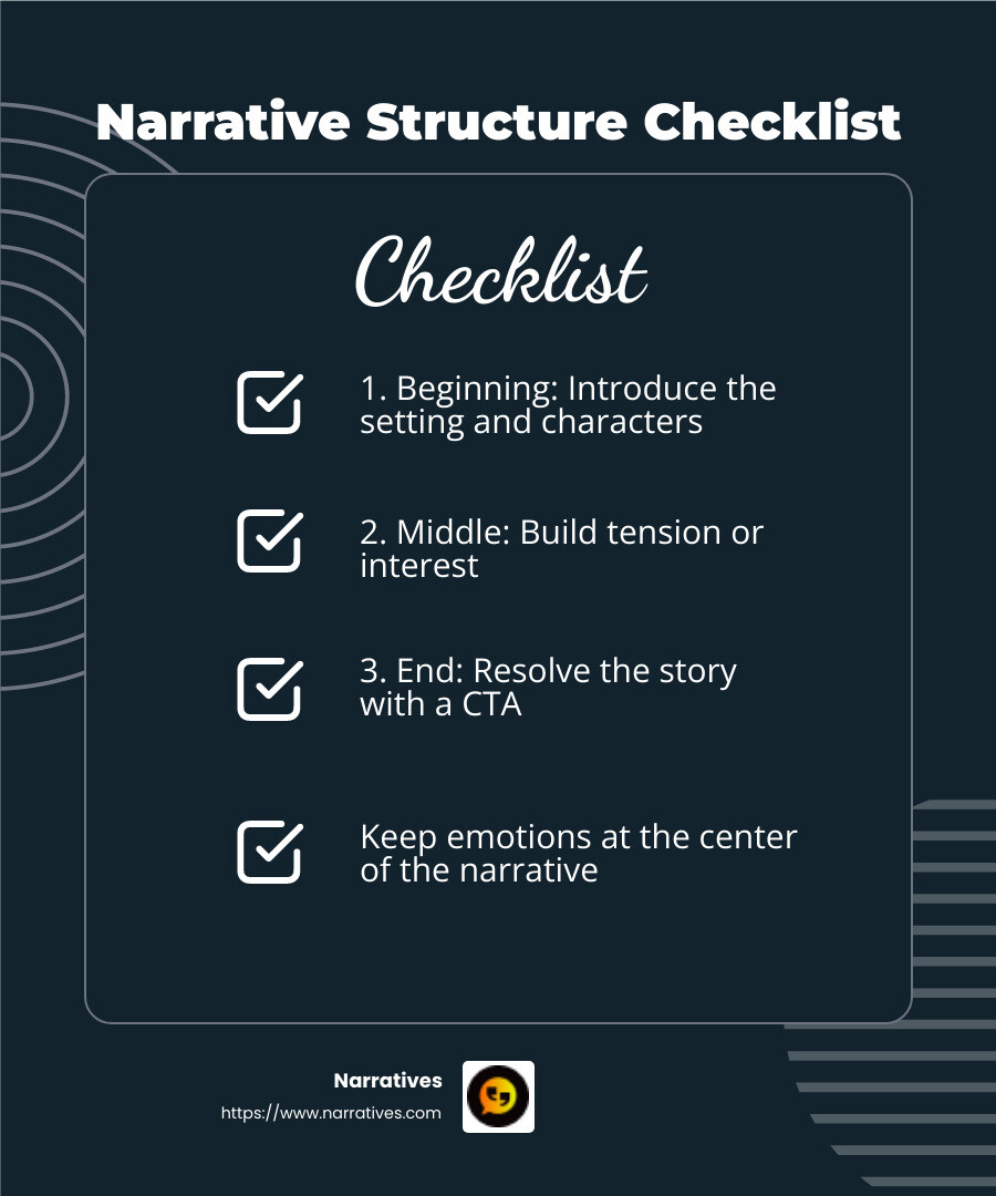 Narrative structure is key to engaging storytelling - Video content best practices infographic checklist-dark-blue