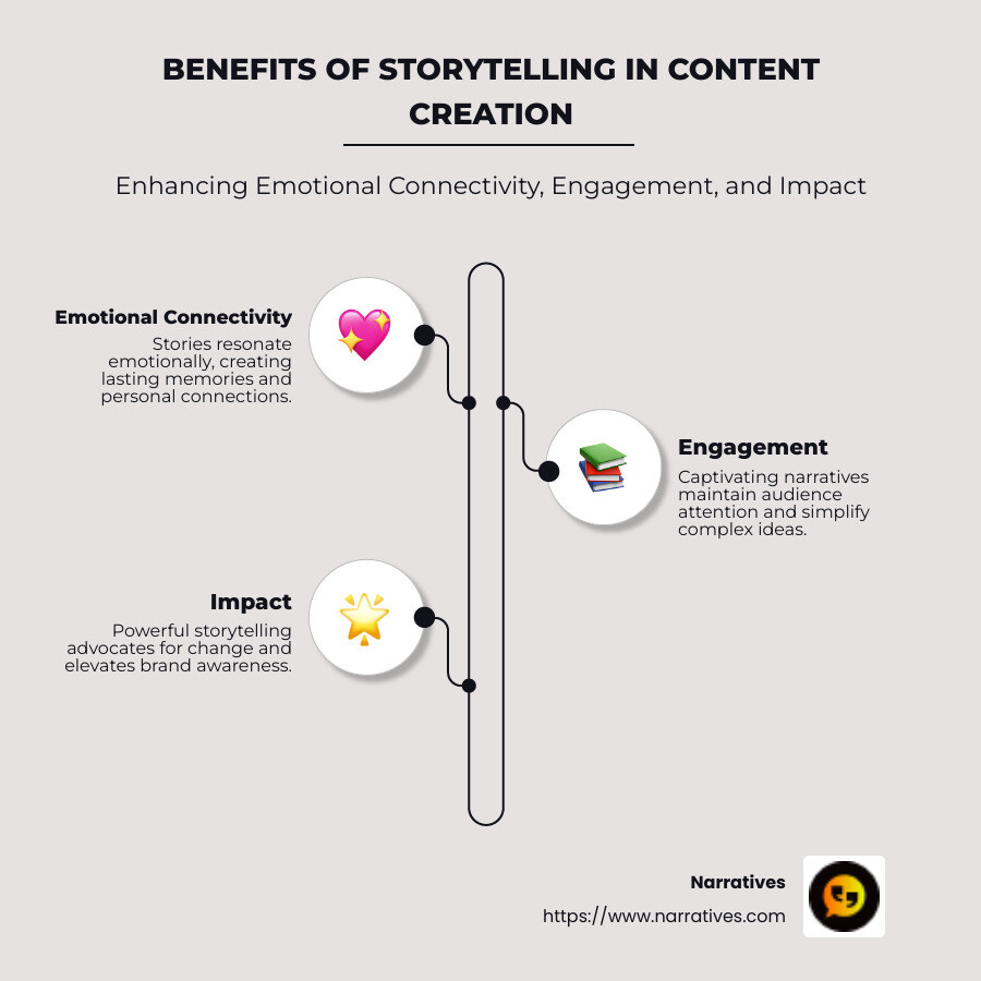 Infographic showing the benefits of storytelling including emotional connectivity, engagement, and impact - Storytelling content creation infographic infographic-line-3-steps-neat_beige