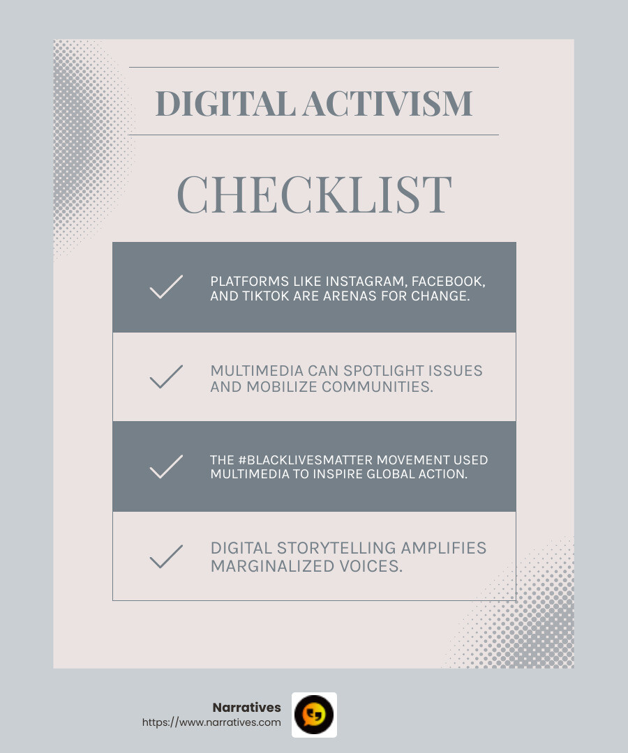Quote on the impact of digital activism - multimedia for social good infographic checklist-light-blue-grey