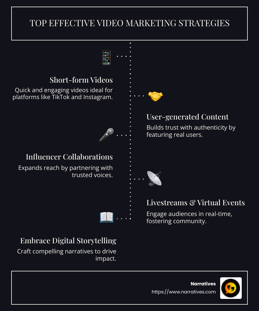 Infographic detailing key video marketing strategies - effective video marketing strategies infographic infographic-line-5-steps-dark