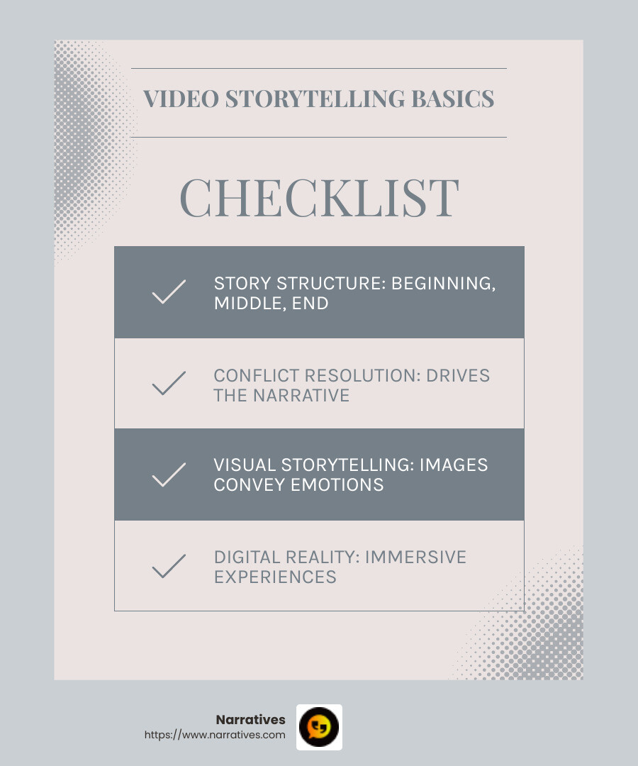 Visual storytelling improves engagement by using images, colors, and motion to convey emotions and ideas. - Video storytelling training infographic checklist-light-blue-grey