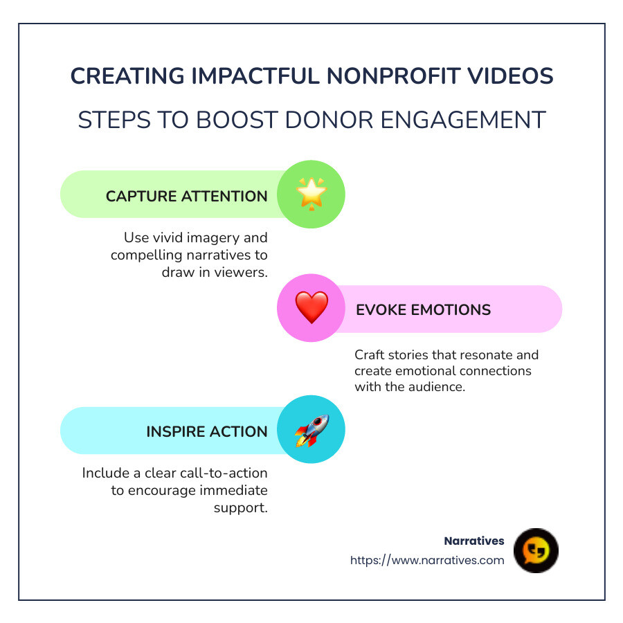 Infographic depicting steps for creating impactful nonprofit videos, highlighting YouTube's Impact Lab resources, social media strategies, and the importance of social listening. - Videos for donor engagement infographic infographic-line-3-steps-colors