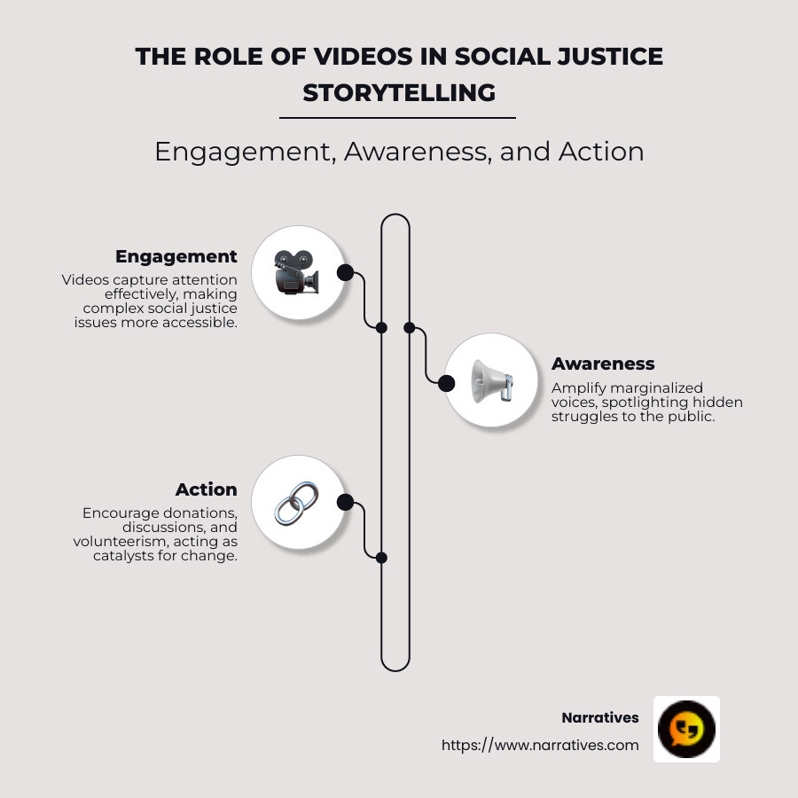 Infographic showing the role of videos in social justice storytelling, emphasizing engagement, awareness, action, and emotional connections - Videos for social justice infographic infographic-line-3-steps-neat_beige