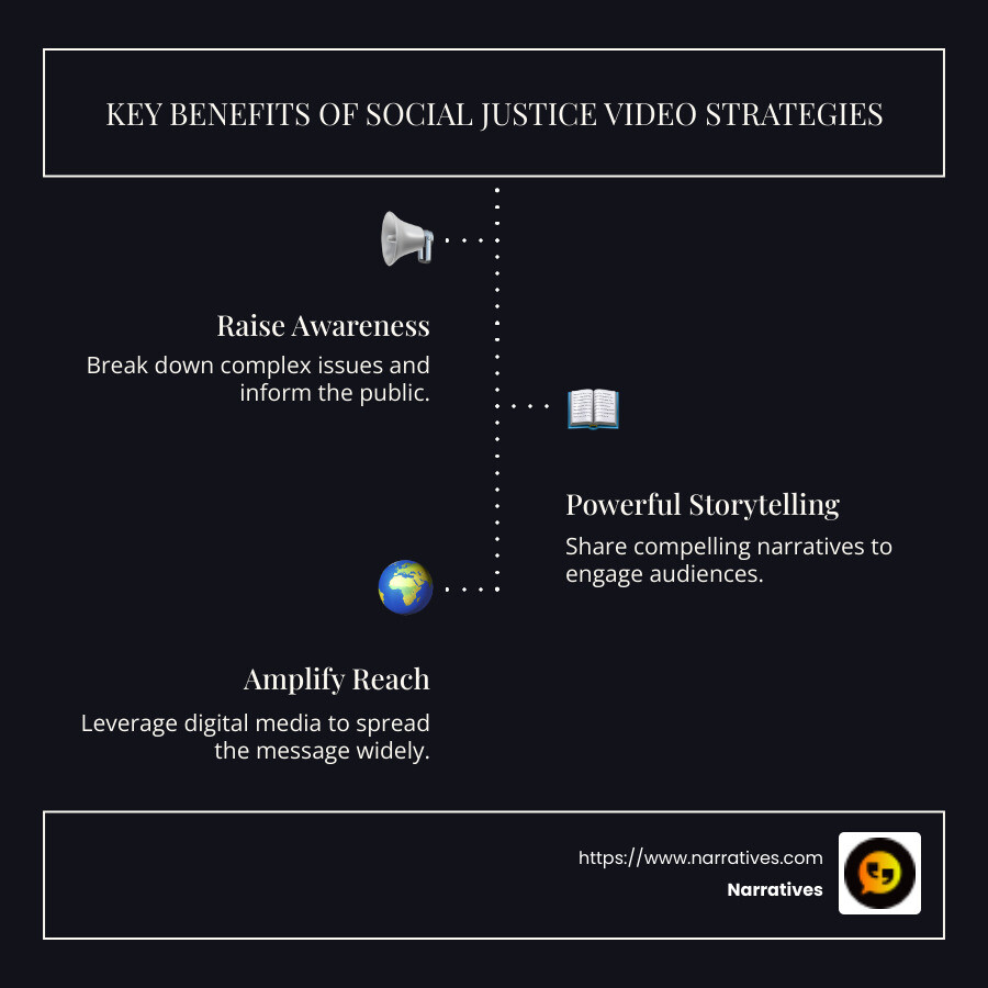 Infographic explaining key benefits of social justice video strategies: awareness, storytelling, reach and engagement. - social justice video strategies infographic infographic-line-3-steps-dark
