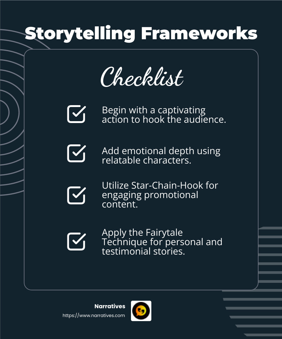 Storytelling Frameworks Overview - storytelling in social media infographic checklist-dark-blue