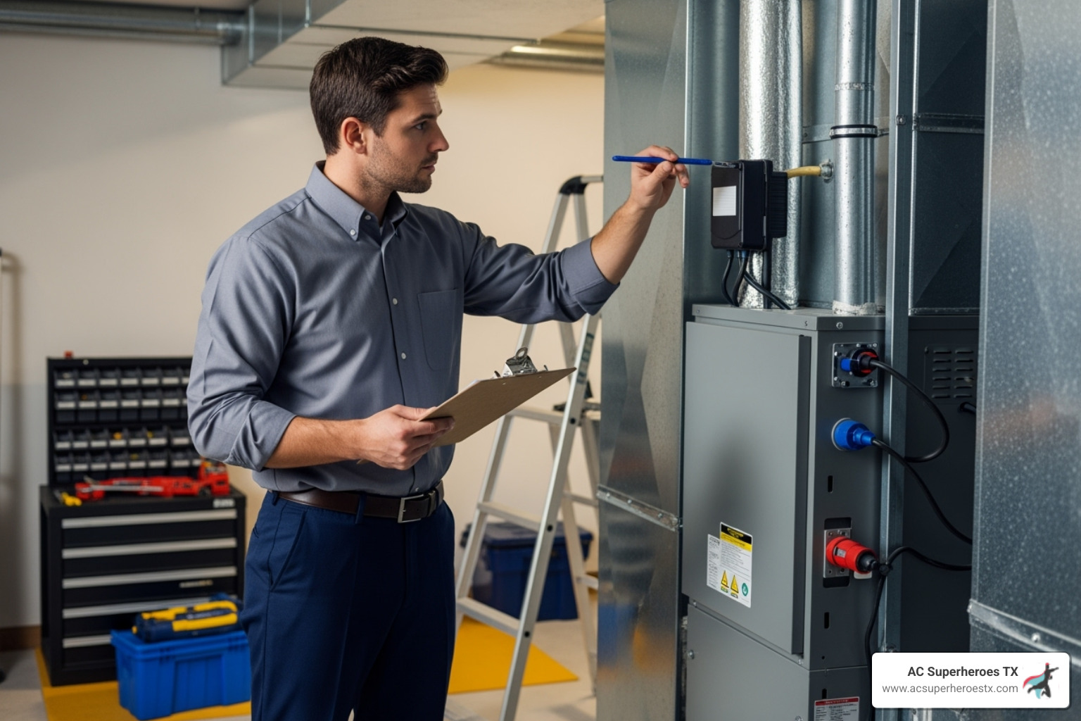 Image of a certified technician performing a final check on a newly installed air handler - Air handler replacement