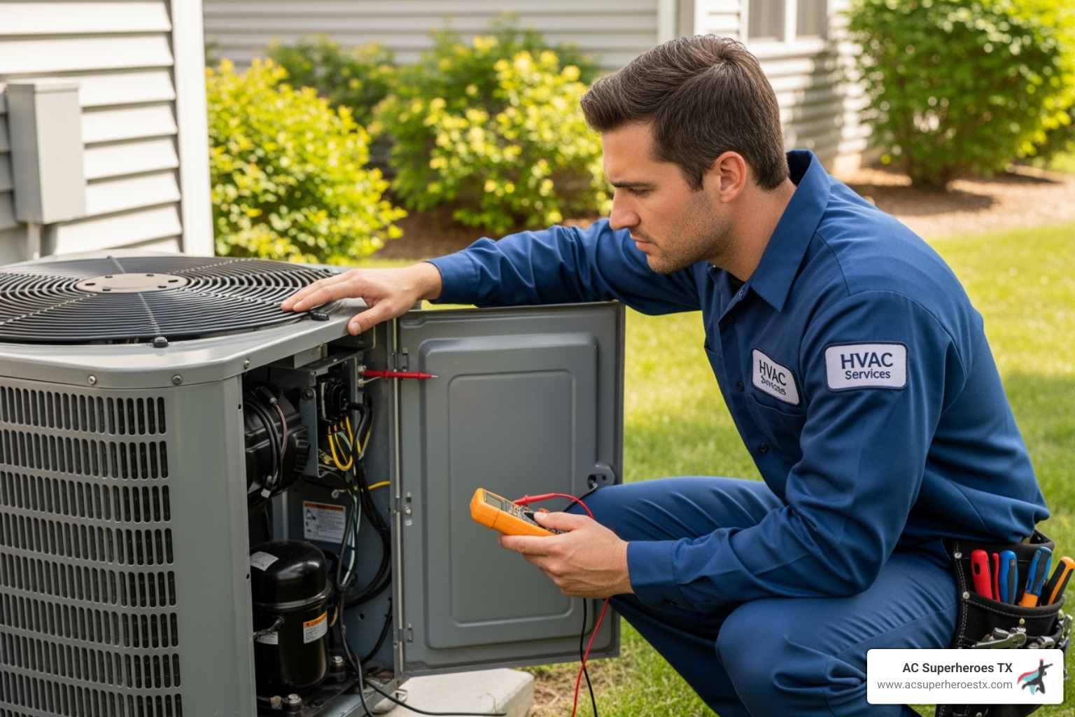 professional technician diagnosing an AC unit - ac repair pflugerville
