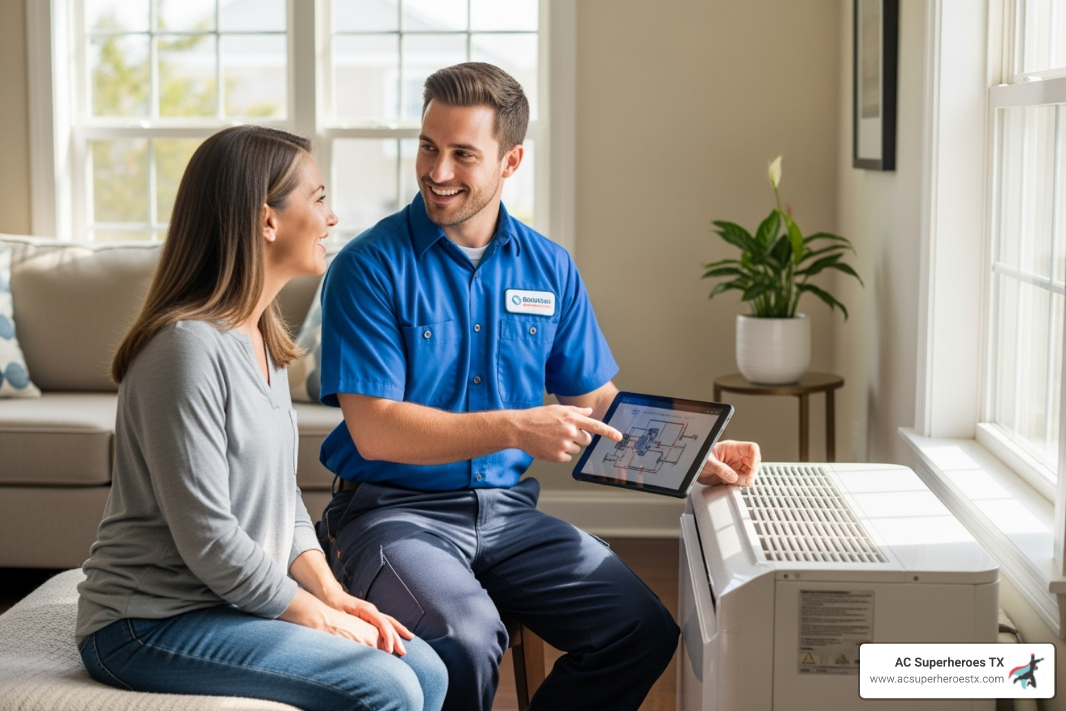 friendly technician talking with a homeowner - ac repair pflugerville