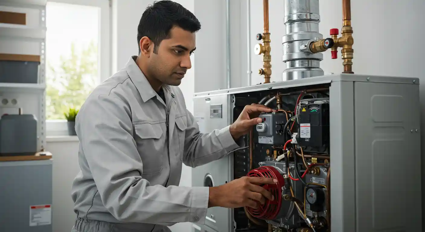 A focused male technician, wearing a light gray jumpsuit, is shown inspecting a residential heating unit. He is standing and leaning over to look inside the furnace, which has its front panel open, revealing intricate wiring, pipes, and other components. The man is holding and adjusting a part of the unit with both hands. The background includes a window and shelving, suggesting the image was taken in a utility room or a garage.