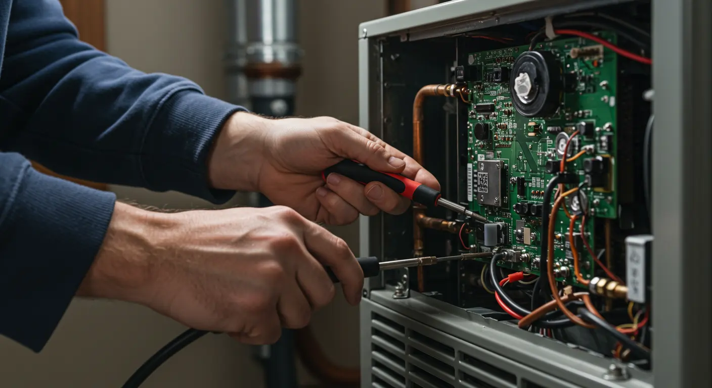 A close-up image shows a person's hands holding two tools, a soldering iron and a screwdriver, as they work on the intricate green circuit board inside an HVAC unit. Various wires and copper pipes are also visible within the unit's metal casing. The person is wearing a dark blue sweatshirt.
