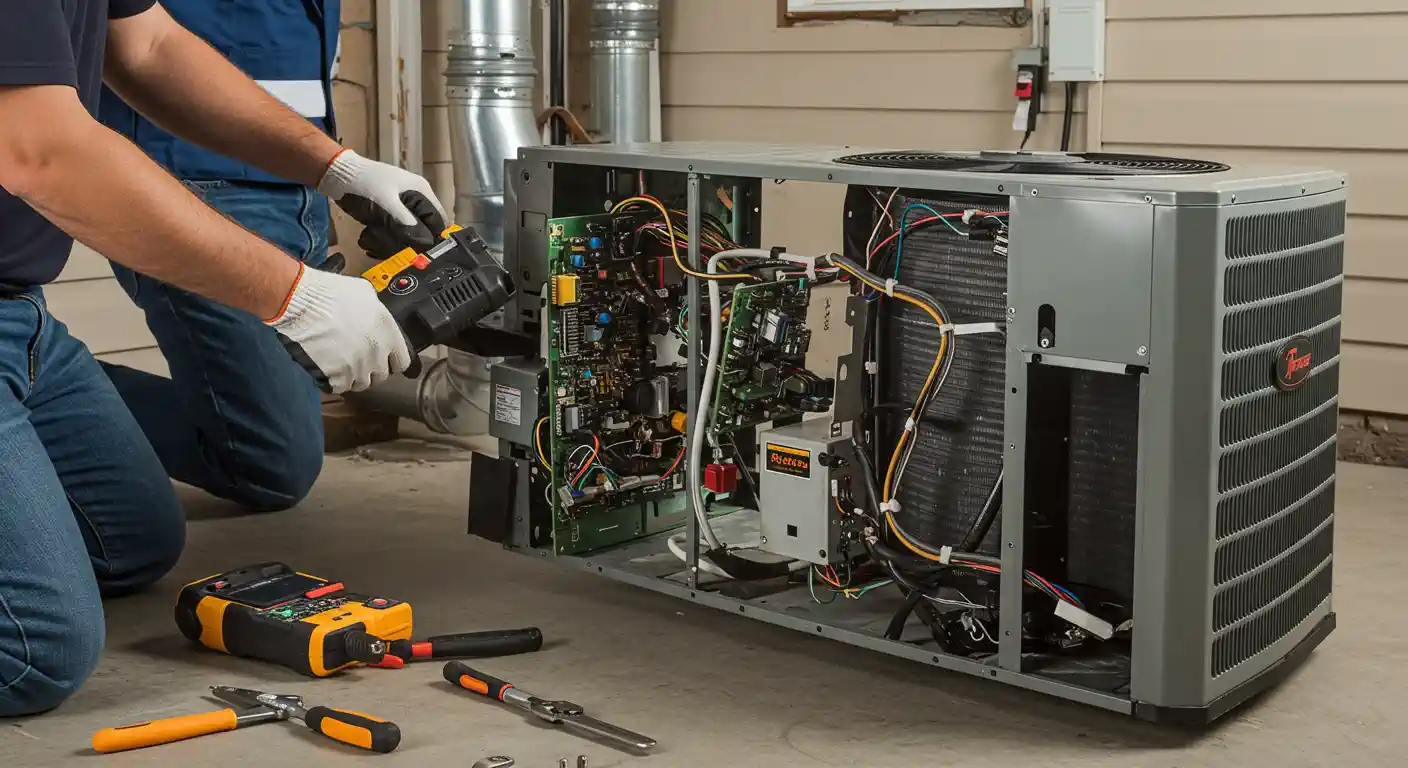 A detailed, close-up shot of two HVAC technicians working on an indoor air handler unit. One technician, wearing white gloves, is carefully holding an electronic component and its circuit board, which is filled with colorful wires and a network of chips. The other technician is partially visible in the background, kneeling. Various tools, including a yellow multimeter, pliers, and screwdrivers, are laid out on the floor nearby. The unit is a large, gray rectangular box with a "Rheem" logo on the side. The scene is indoors, possibly in a basement or utility room, with metallic ducts in the background.
