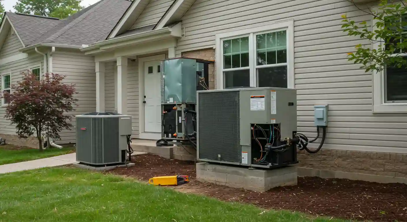  A view of the side of a house where a new HVAC system is being installed. On the right, a large, gray heat pump with a side panel removed sits on a raised concrete platform, revealing its inner components. A yellow multimeter is on the ground in front of it. In the center, a tall, gray air handler or furnace is being positioned. On the left, an older, rounder heat pump unit is visible on a separate pad, and appears to be the system being replaced. The house has beige vinyl siding and a small porch.