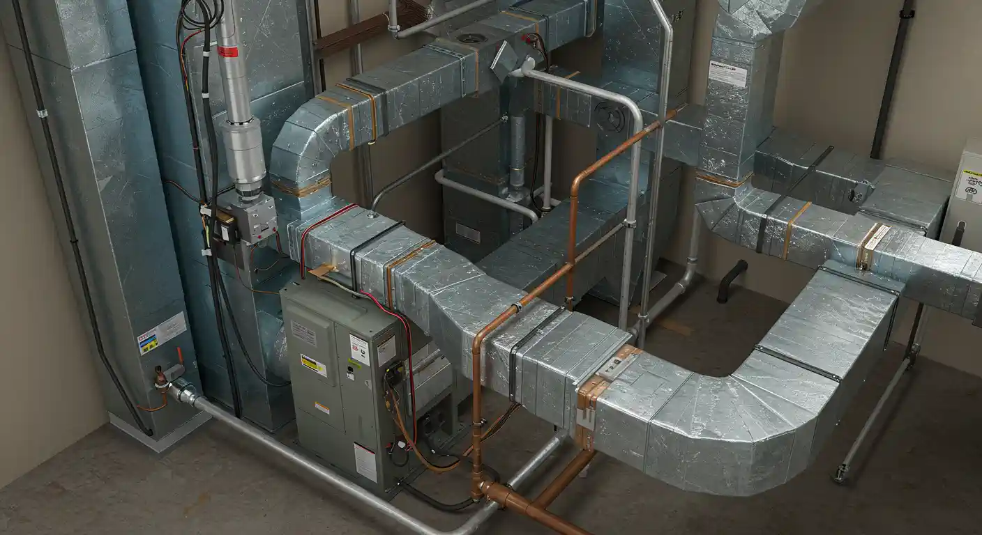 A wide-angle, elevated shot of a commercial HVAC system installation in a mechanical room. A large air handler unit is connected to an intricate, shiny network of metallic ductwork and copper piping that runs along the floor and walls. The ducts are wrapped in what appears to be insulating foil. The room has light-colored walls and flooring, suggesting a clean, professional installation.