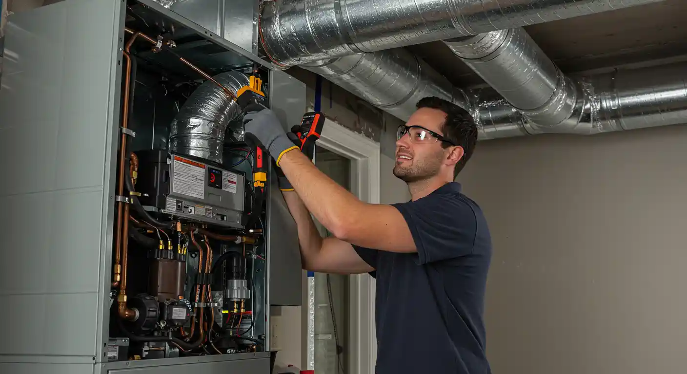  A young male technician wearing safety glasses and gray work gloves is actively working on a large, indoor HVAC unit. He is using a handheld tool with an orange and black handle to tighten a flexible duct that connects to the main unit. The unit's side panel is open, revealing the intricate internal components, and large, wrapped metallic ductwork is visible overhead. The technician is smiling and appears to be confident and knowledgeable while working in a basement or utility room.
