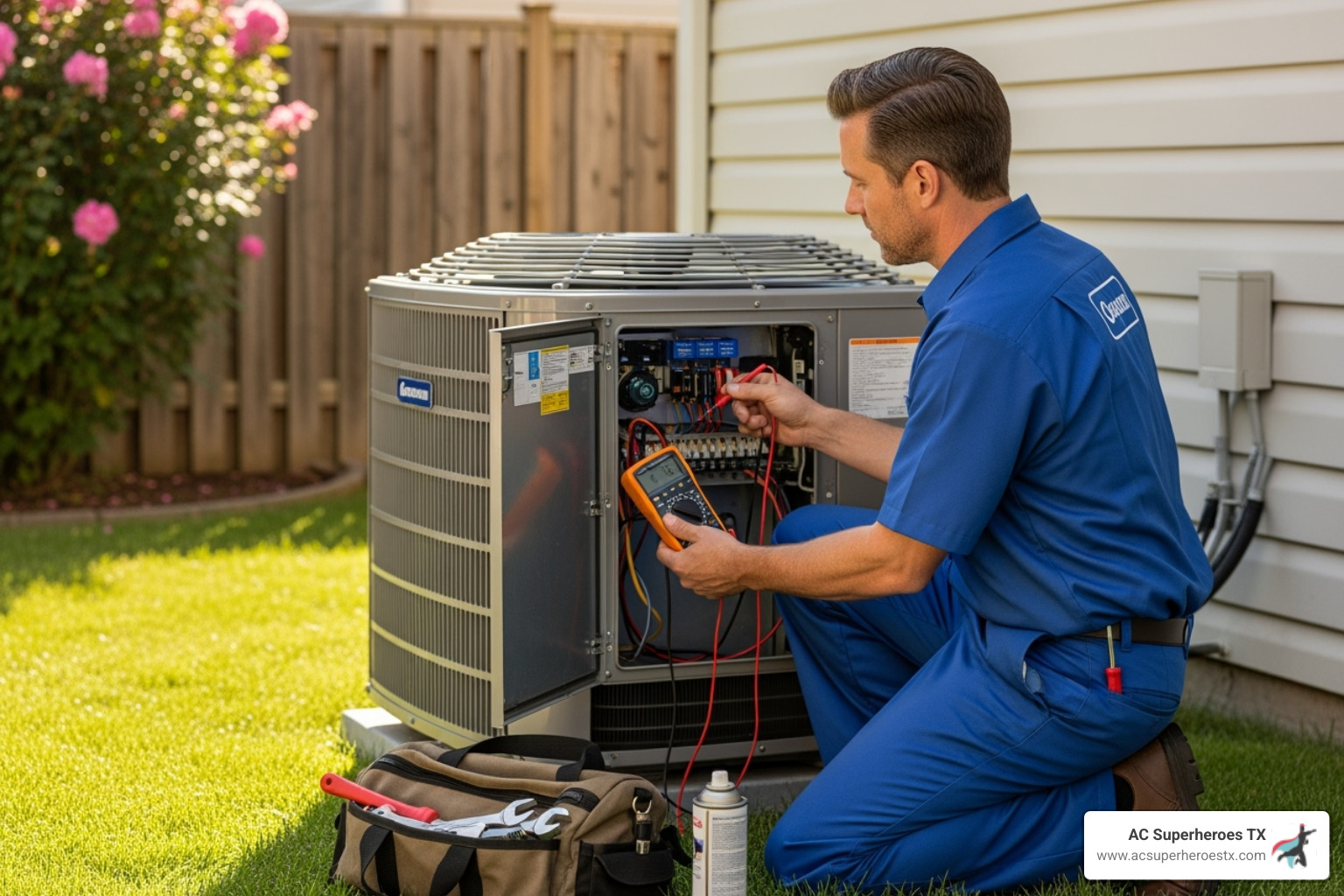 Technician performing routine HVAC maintenance - heating and cooling repair austin