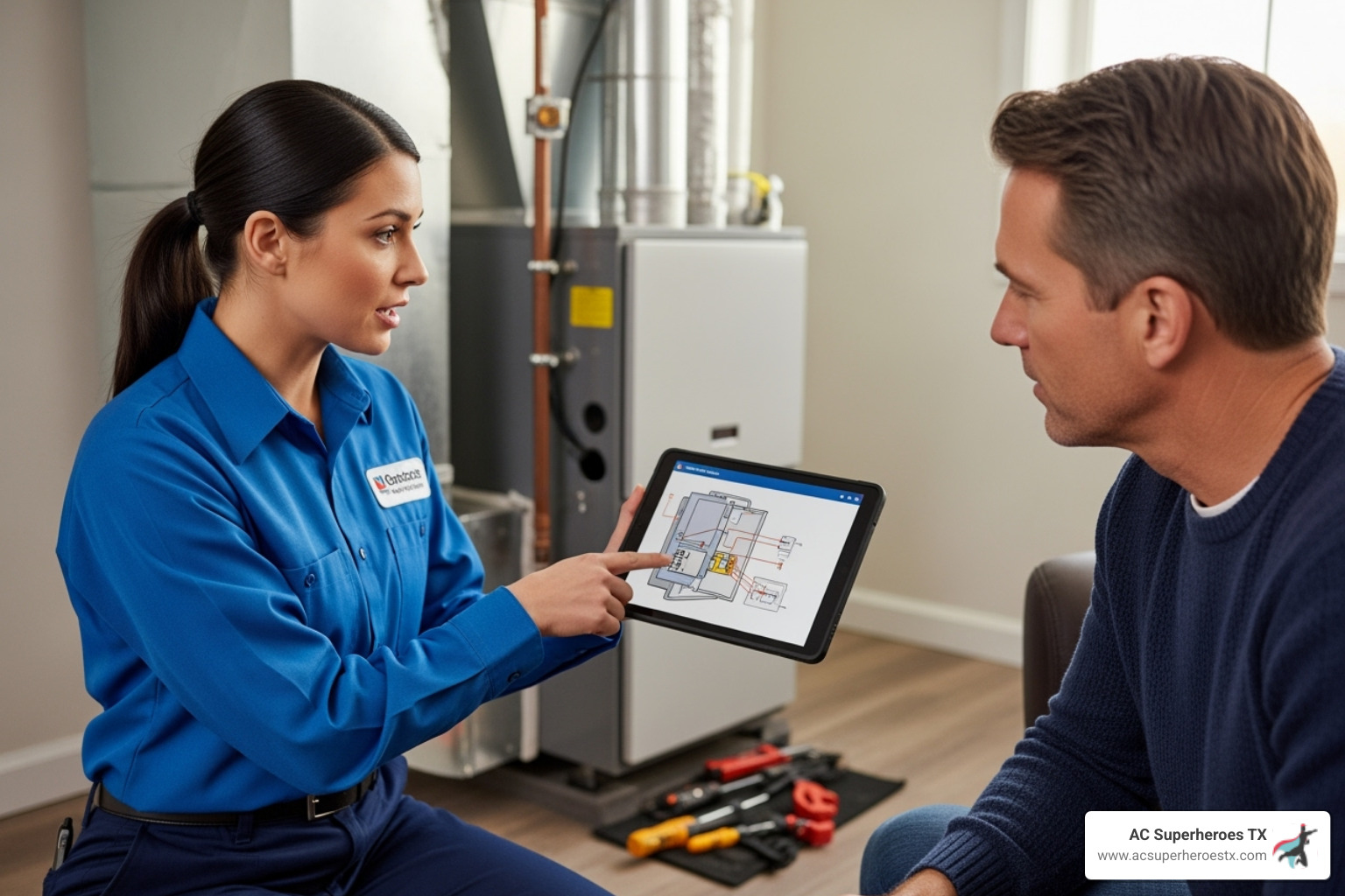 a technician explaining a repair on a tablet to a homeowner - austin tx furnace repair
