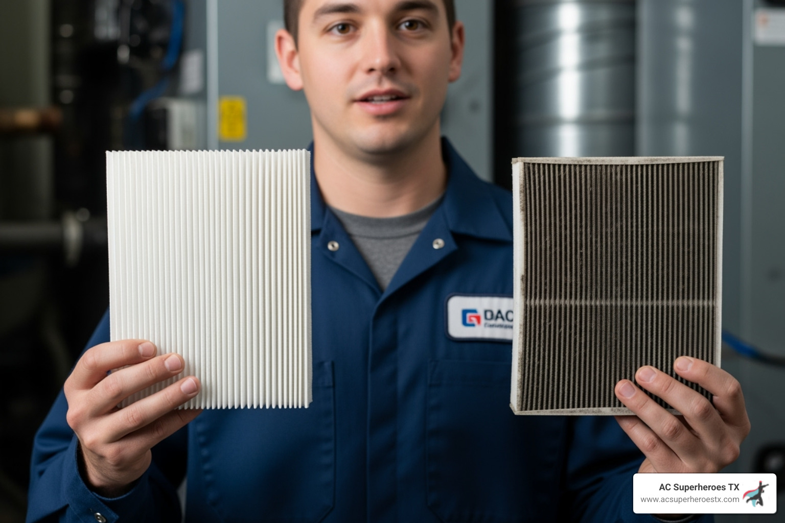 A technician holding up a clean air filter in one hand and a dirty, clogged air filter in the other, illustrating the importance of filter replacement - air conditioner repair round rock