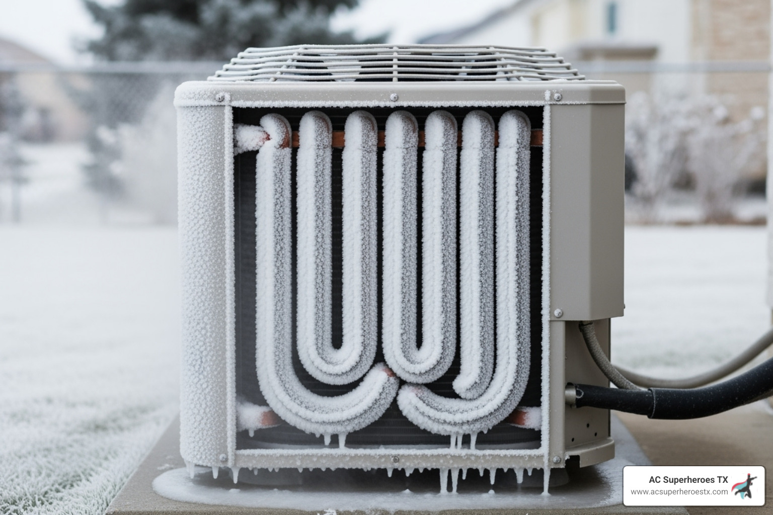 An outdoor AC unit with visible frost on the coils, indicating a potential refrigerant leak or airflow issue - air conditioner repair round rock