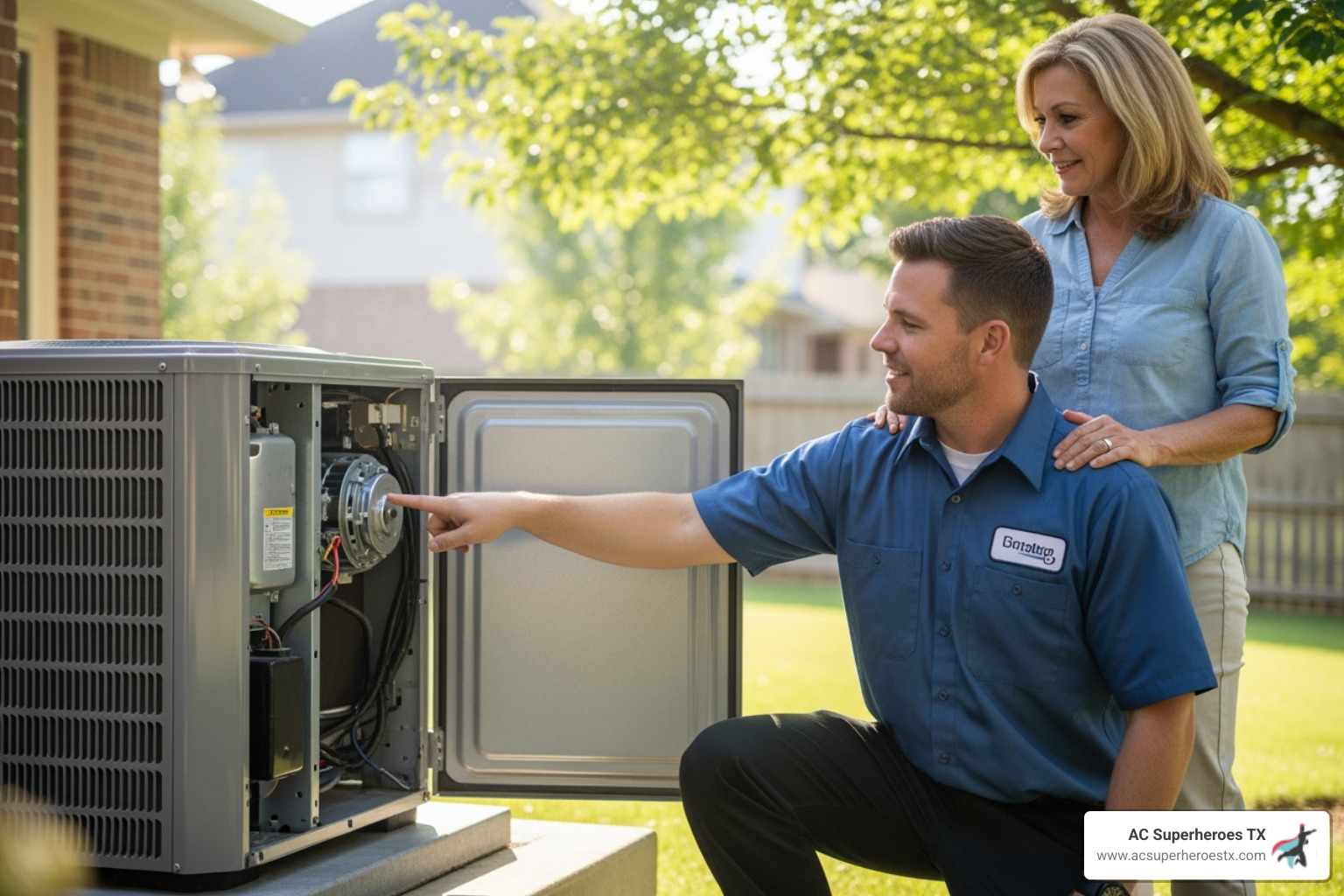 A friendly, uniformed technician diagnosing an AC unit, pointing at a component while explaining something to the homeowner - air conditioner repair round rock