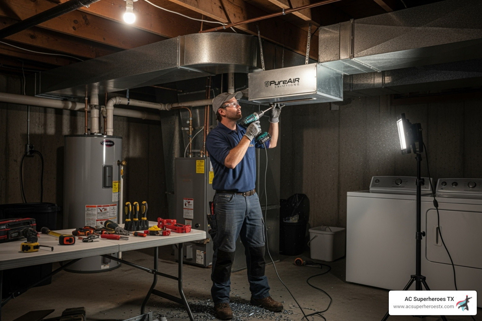 HVAC technician installing a whole-house air purifier into ductwork - Air purifier installation