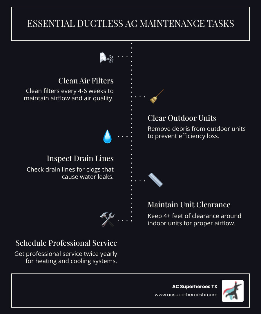 Comprehensive ductless AC maintenance schedule showing monthly filter cleaning, seasonal outdoor unit preparation, and annual professional servicing with energy savings and system longevity benefits - ductless AC maintenance infographic infographic-line-5-steps-dark