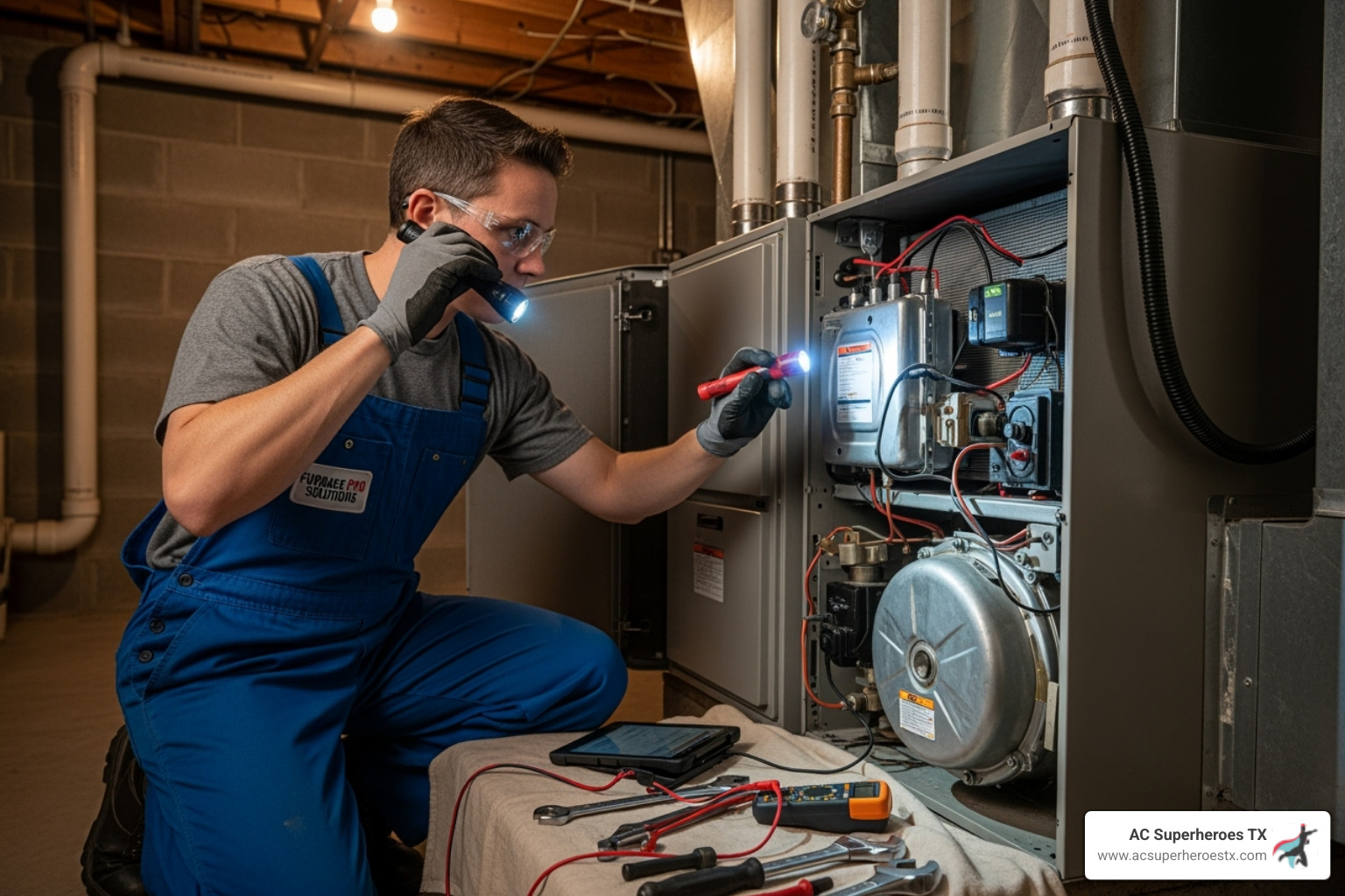 certified technician inspecting a furnace - furnace repair pflugerville