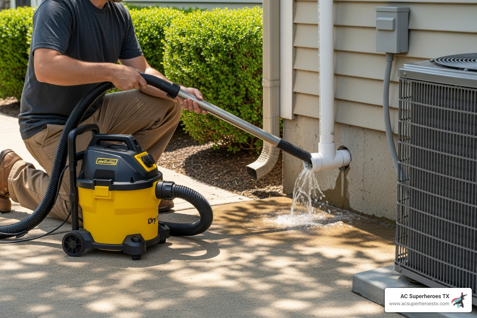 Person using a wet/dry vacuum on an outdoor AC drain line - AC drain clogged
