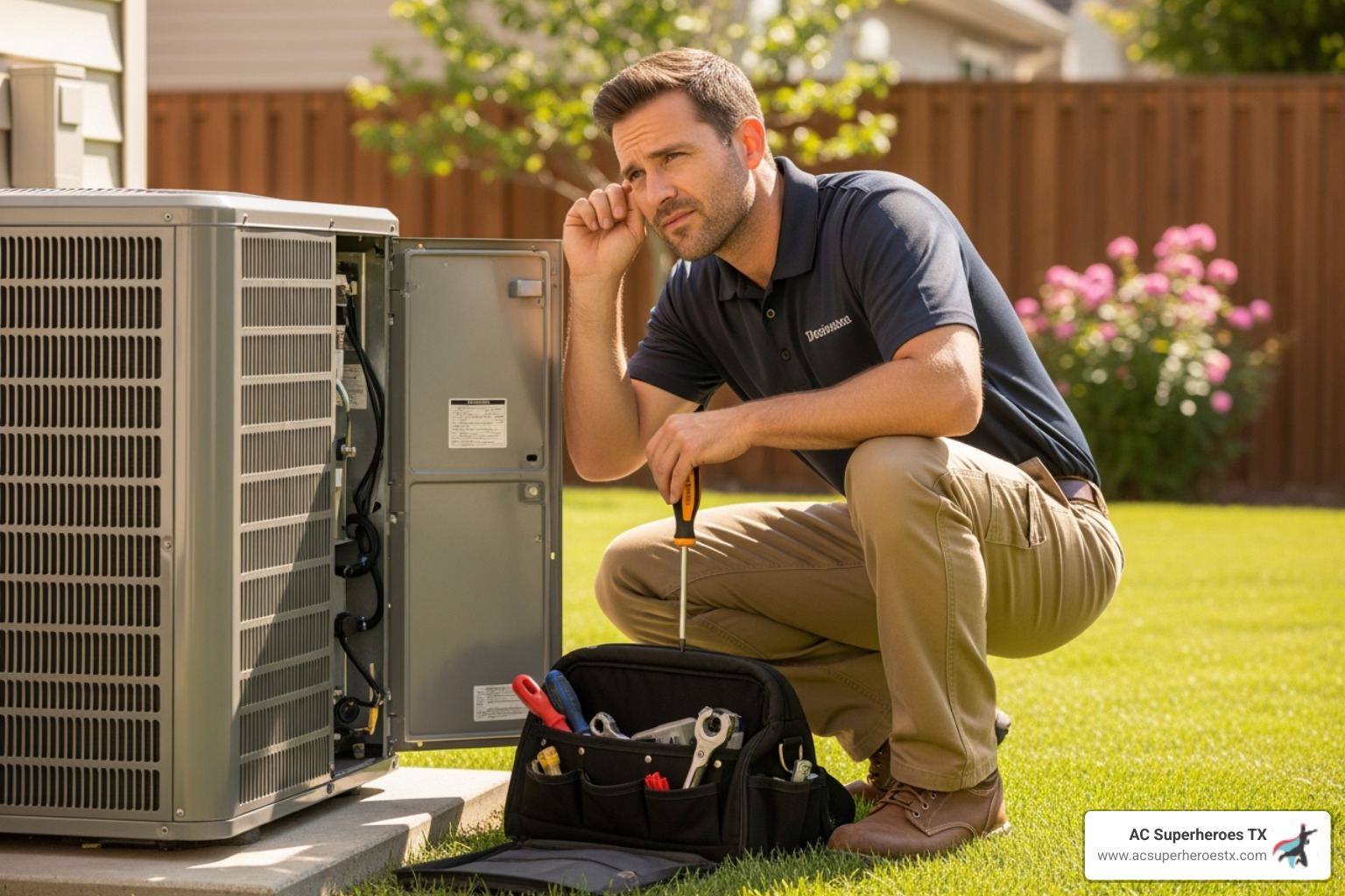 technician listening to outdoor AC unit - AC repair Round Rock