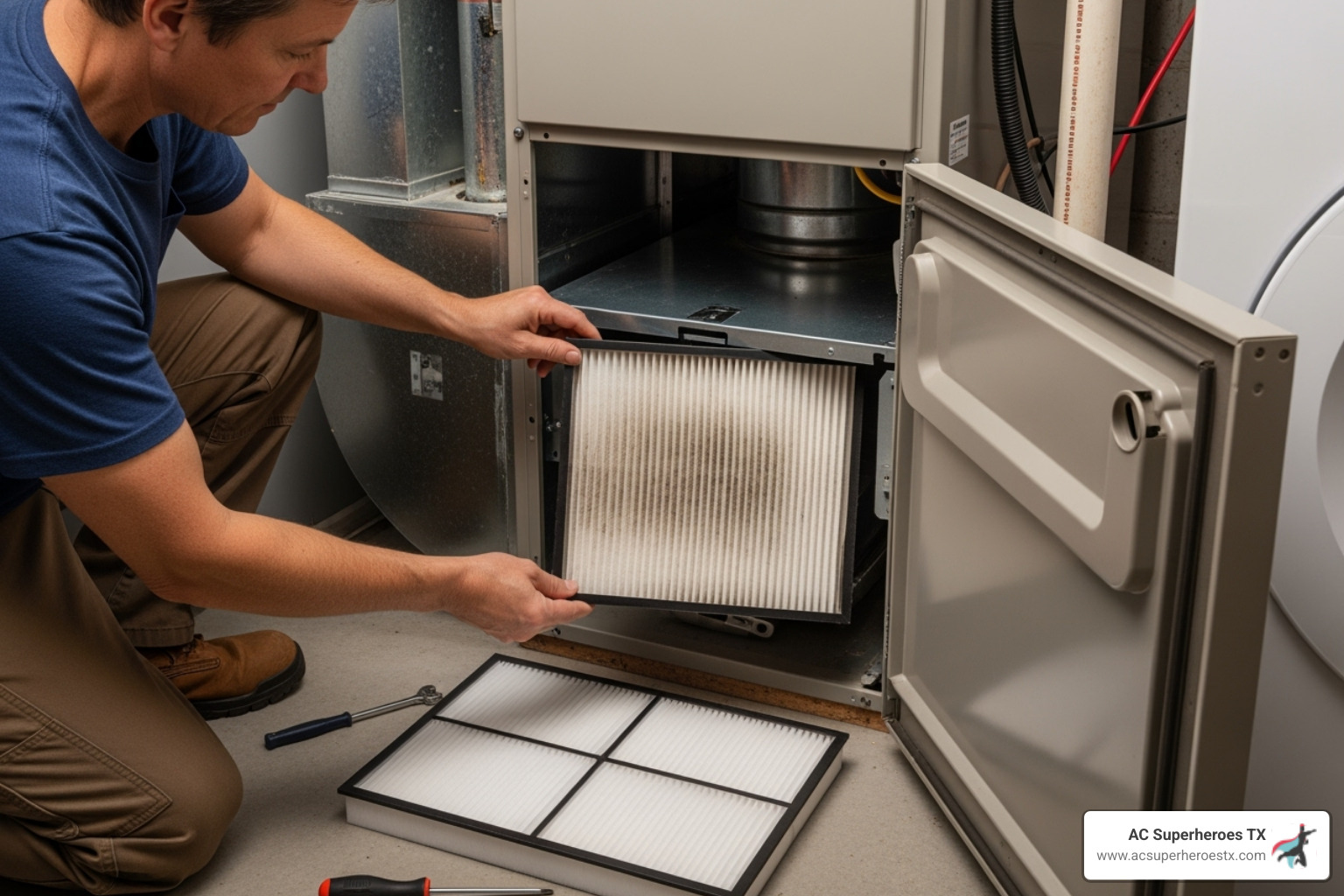 homeowner changing an air filter - AC repair Round Rock