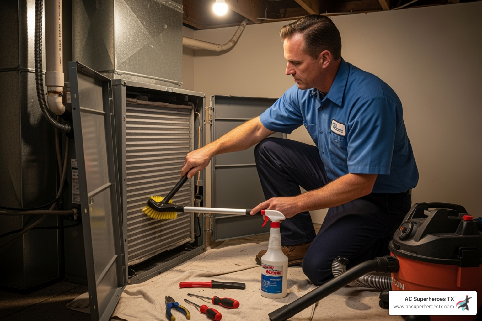 technician cleaning indoor HVAC unit coil - hvac repair pflugerville