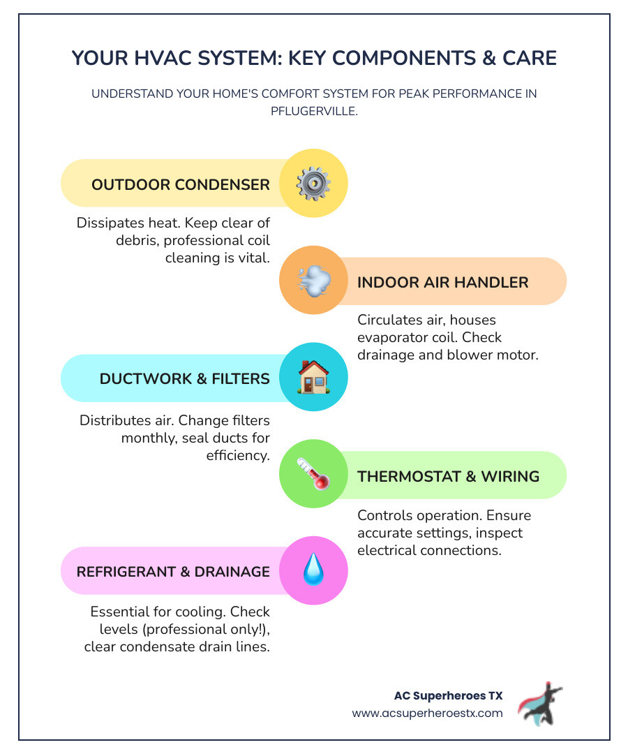 Infographic showing HVAC system components including outdoor condenser unit, indoor air handler, ductwork, thermostat, and common problem areas like refrigerant lines, electrical connections, and air filters with maintenance schedules - hvac repair pflugerville infographic infographic-line-5-steps-colors