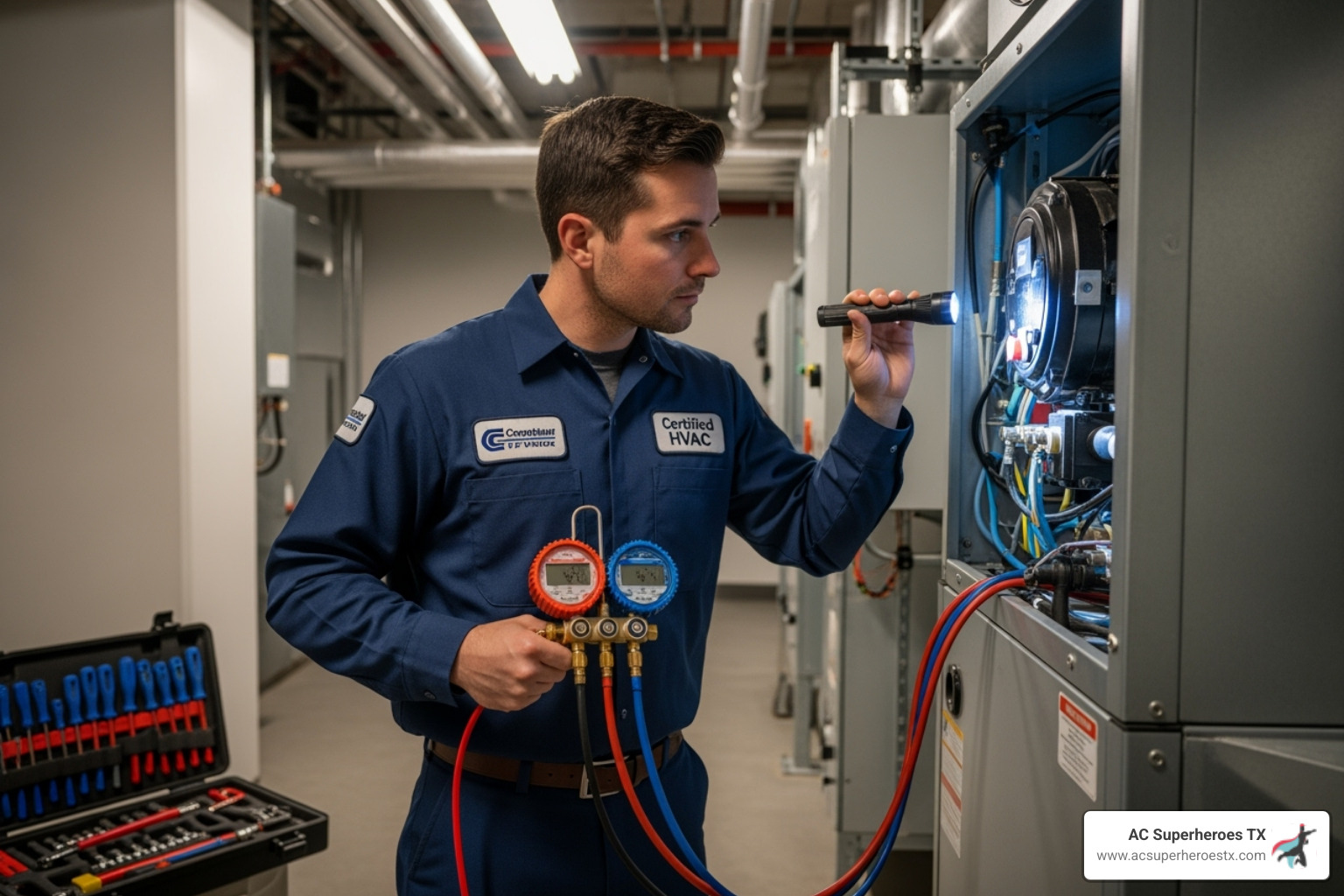certified technician inspecting an HVAC system - air conditioner service austin tx certified technician inspecting an HVAC system - air conditioner service austin tx