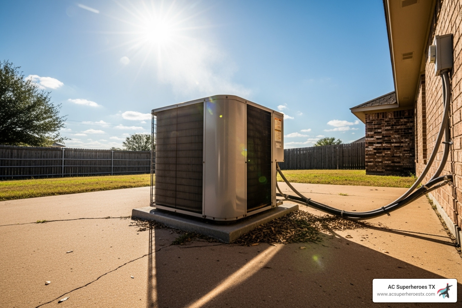 AC unit's outdoor condenser in the bright Texas sun - air conditioner service austin tx AC unit's outdoor condenser in the bright Texas sun - air conditioner service austin tx