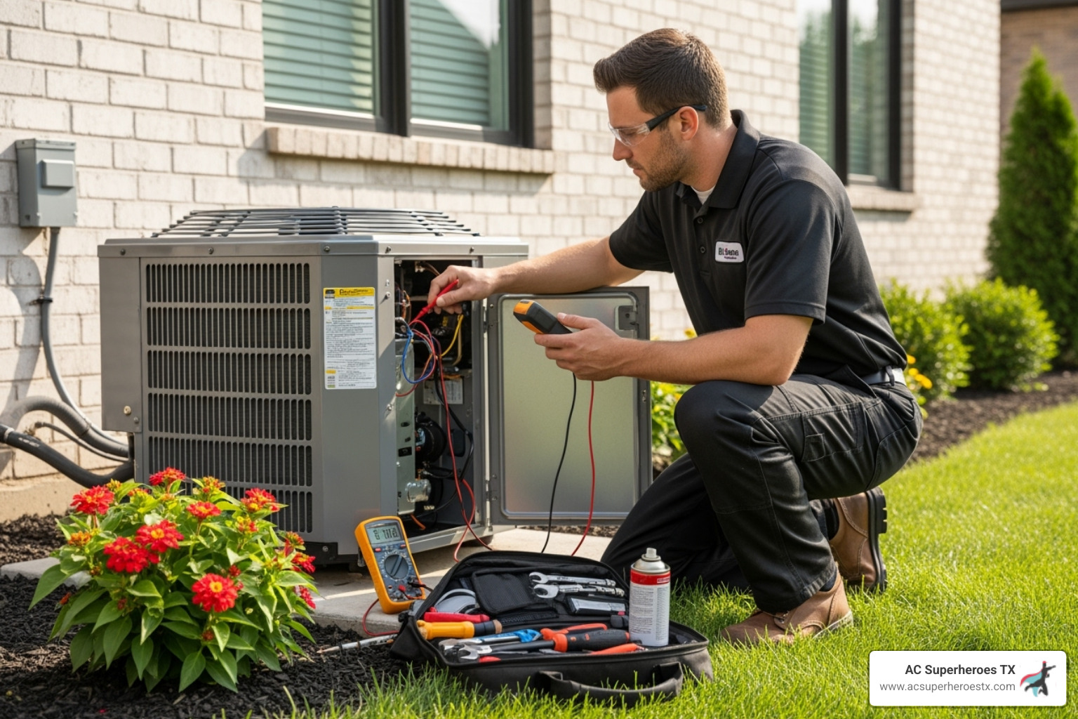 HVAC technician inspecting an outdoor AC unit - hvac service round rock HVAC technician inspecting an outdoor AC unit - hvac service round rock