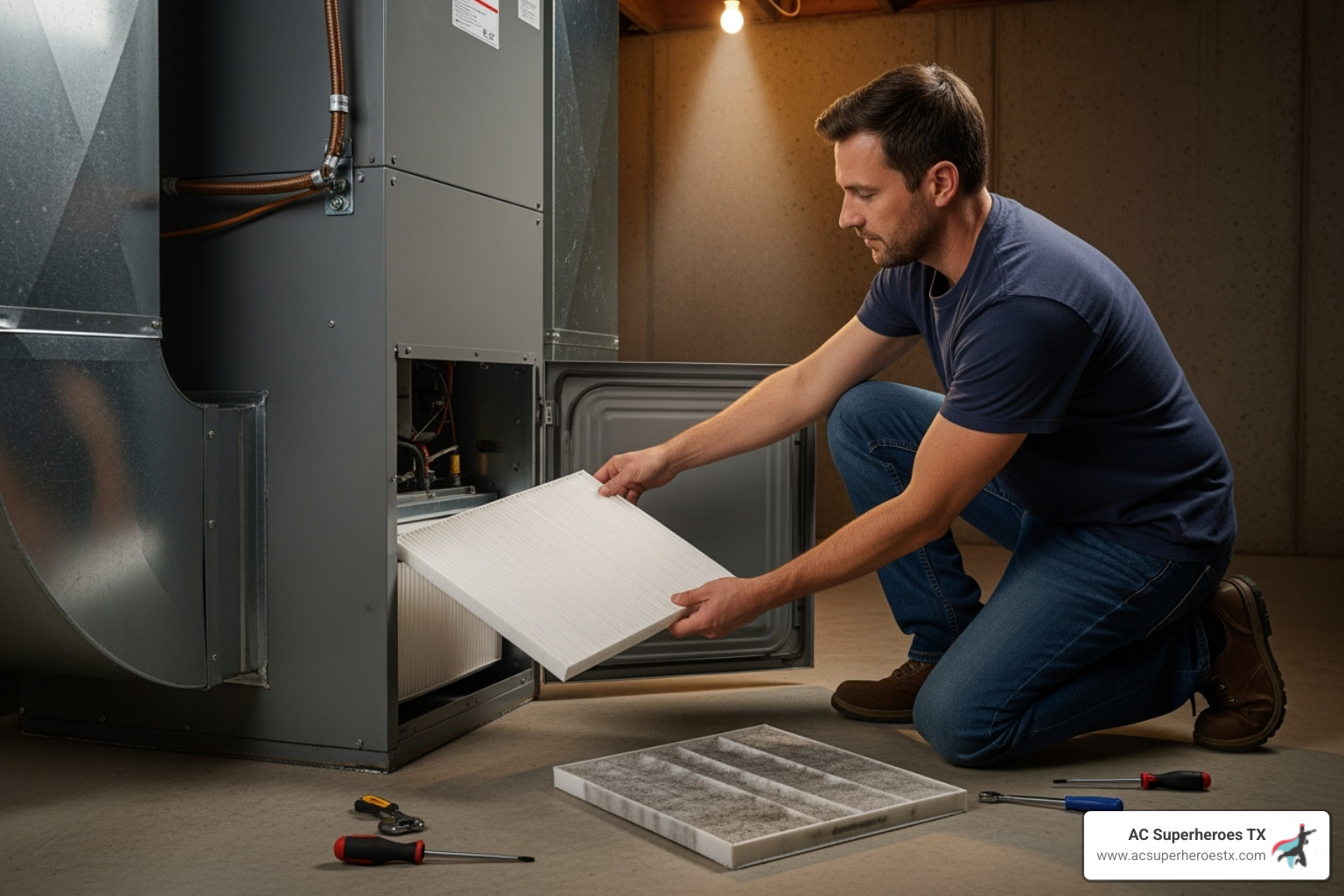 A homeowner easily replacing a clean air filter in their home, demonstrating a simple DIY task - HVAC system checkup