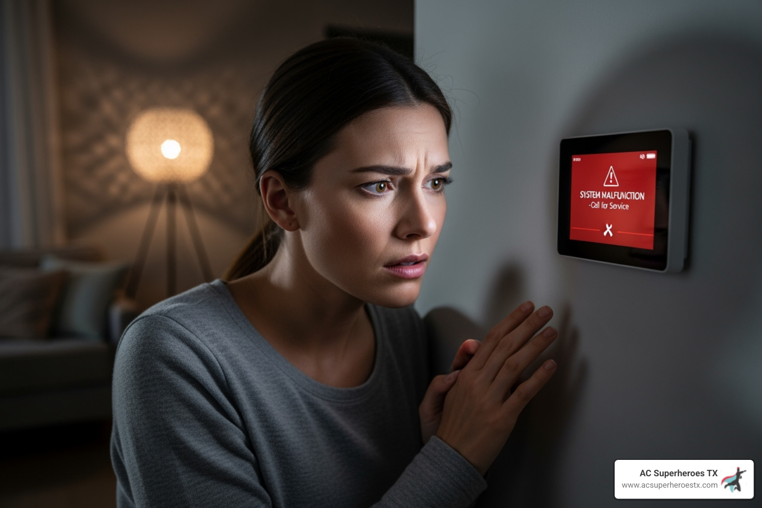 A homeowner looking concerned at a thermostat displaying an error message - HVAC system checkup