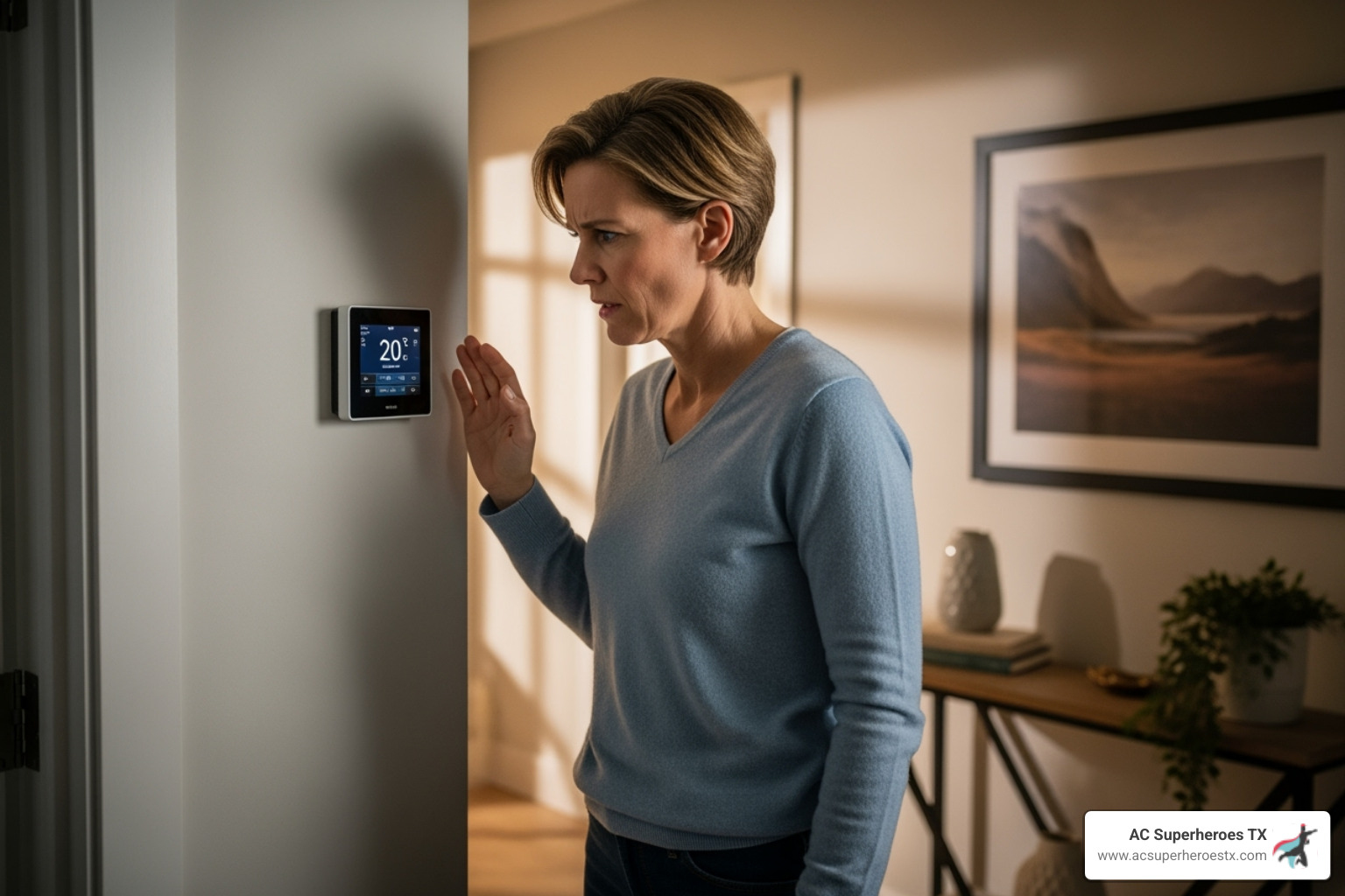Homeowner looking concerned at their thermostat - HVAC repair Pflugerville Homeowner looking concerned at their thermostat - HVAC repair Pflugerville